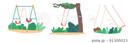 Play Ground With Swing on Green Lawn. Kids Kindergarten or House Yard Playground, Summer Park, Garden or Backyard 91300023