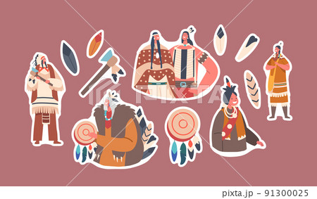 Set of Stickers Indian American Indigenous Characters. Isolated Warrior, Native Man and Woman Couple, Children, Shaman 91300025