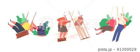 Set of Funny Senior Characters Swing, Old Man and Woman Having Outdoors Fun Swinging on Seesaw. Carefree Elderly Couples 91300029