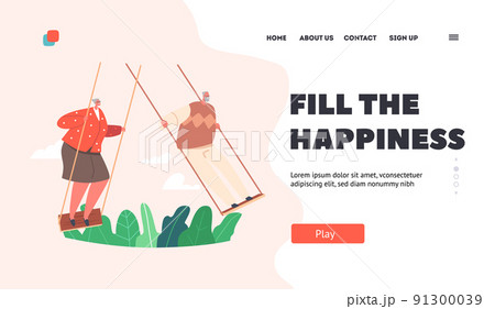 Old Man and Woman Race on Swing Landing Page Template. Grandmother and Grandfather Summer Outdoor Activity 91300039