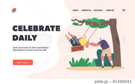 Old People Carefree, Fun and Recreation Landing Page Template. Old Man Pushing Elderly Woman Sitting on Teeterboard 91300041