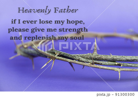 Christian prayer text with crown of thorns on purple cover background. Christianity concept. Christian prayer text with crown of thorns on purple cover background. Christianity concept. 91300300