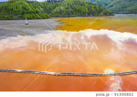 Aerial image of red polluted mining water residuals Aerial image of red polluted mining water residuals 91300802