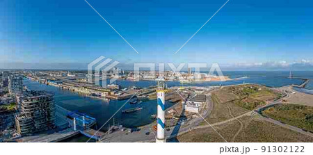 Drone panorama over the harbor and skyline of the city of Oostende Drone panorama over the harbor and skyline of the city of Oostende 91302122