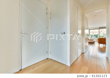 Narrow corridor with white walls and doors leading to spacious room with windows and parquet floor in modern apartment 91302123