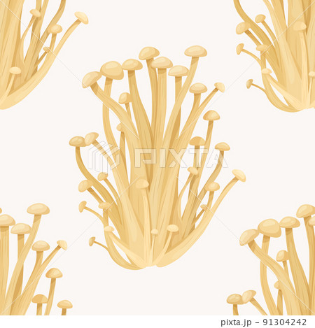 Vector Seamless Pattern with Enoki Mushroom on White. Seamless Texture, Hand Drawn Cartoon Enoki Mushrooms Bush. Design Template for Textile, Wall Paper. Flammulina Velutipes. Mushroom Print Vector Seamless Pattern with Enoki Mushroom on White. Seamless Texture, Hand Drawn Cartoon Enoki Mushrooms Bush. Design Template for Textile, Wall Paper. Flammulina Velutipes. Mushroom Print 91304242