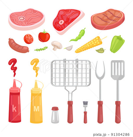 BBQ Set, Barbecue Equipment and Meat, Vector Icon 91304286