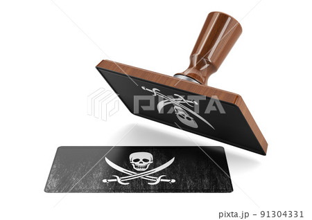 Piracy stamp. Wooden stamper, seal with piracy flag, 3D rendering Piracy stamp. Wooden stamper, seal with piracy flag, 3D rendering 91304331