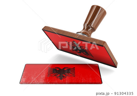 Wooden stamper, seal with Albanian flag, 3D rendering 91304335