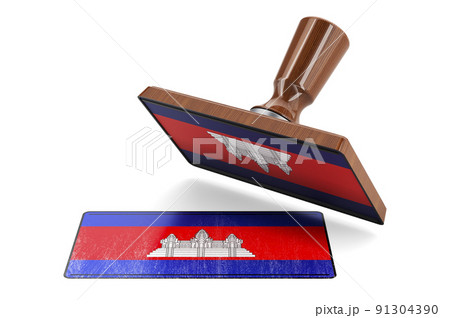 Wooden stamper, seal with Cambodian flag, 3D rendering Wooden stamper, seal with Cambodian flag, 3D rendering 91304390