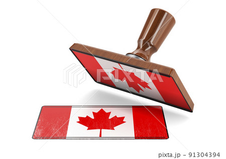 Wooden stamper, seal with Canadian flag, 3D rendering 91304394