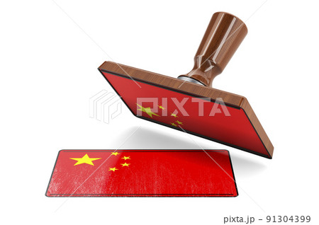 Wooden stamper, seal with Chinese flag, 3D rendering Wooden stamper, seal with Chinese flag, 3D rendering 91304399