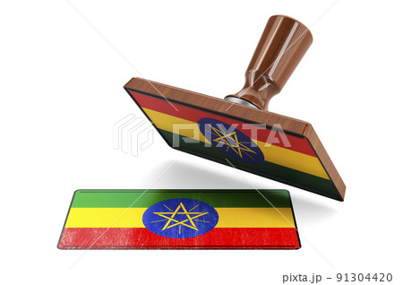 Wooden stamper, seal with Ethiopian flag, 3D rendering Wooden stamper, seal with Ethiopian flag, 3D rendering 91304420