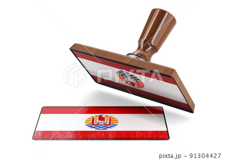 Wooden stamper, seal with French Polynesian flag, 3D rendering Wooden stamper, seal with French Polynesian flag, 3D rendering 91304427