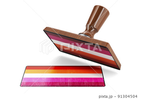 Wooden stamper, seal with lesbian  flag, 3D rendering 91304504