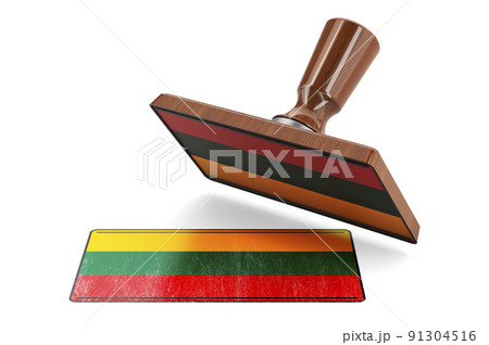 Wooden stamper, seal with Lithuanian flag, 3D rendering 91304516