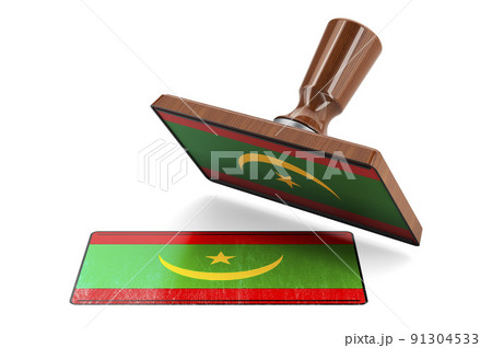 Wooden stamper, seal with Mauritanian flag, 3D rendering 91304533