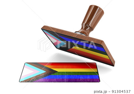 Wooden stamper, seal with modern LGBTQ flag, 3D rendering 91304537