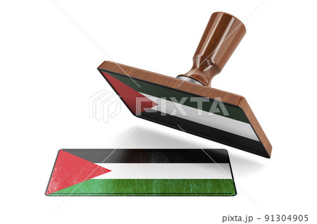 Wooden stamper, seal with Palestinian flag, 3D rendering Wooden stamper, seal with Palestinian flag, 3D rendering 91304905