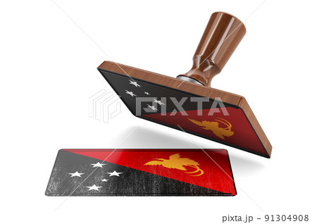Wooden stamper, seal with Papuan New Guinean flag, 3D rendering Wooden stamper, seal with Papuan New Guinean flag, 3D rendering 91304908
