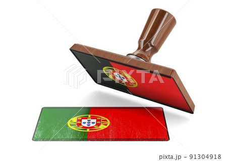 Wooden stamper, seal with Portuguese flag, 3D rendering Wooden stamper, seal with Portuguese flag, 3D rendering 91304918