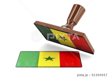 Wooden stamper, seal with Senegalese flag, 3D rendering Wooden stamper, seal with Senegalese flag, 3D rendering 91304937