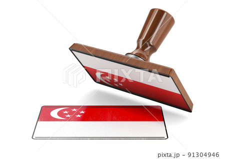 Wooden stamper, seal with Singaporean flag, 3D rendering 91304946