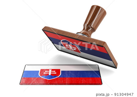 Wooden stamper, seal with Slovak flag, 3D rendering 91304947
