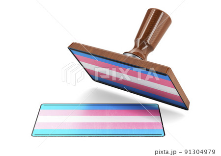 Wooden stamper, seal with transgender flag, 3D rendering 91304979