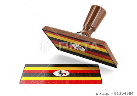 Wooden stamper, seal with Ugandan flag, 3D rendering 91304984