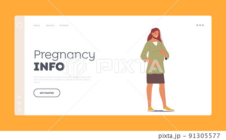 Pregnancy Info Landing Page Template. Beautiful Pregnant Caucasian Woman, Young Mother Hold Belly. Motherhood Concept 91305577