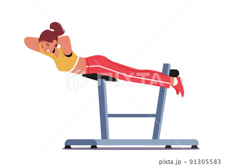 Young Woman Swinging Press on Decline Bench in Gym. Sportswoman Work on Training Apparatus. Female Character Fitness 91305583