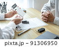 Car dealer manager presenting customer to decision signing car document contract agreement, successful car loan contract buying or selling new vehicle and pointing document 91306950
