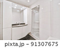 Tiled shower cabin with glass door located near sink and mirror in light restroom in contemporary apartment 91307675