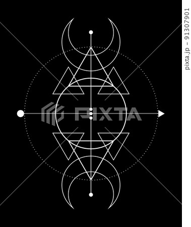 Magic Triple Moon. Symbol of the Viking deity, Celtic Sacred Geometry, Wiccan white logo tattoo, alchemy esoteric triangles. Spiritual occultism object vector illustration isolated on black background 91307901