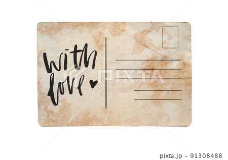 With love. Lettering on a vintage postcard. Isolated on white 91308488