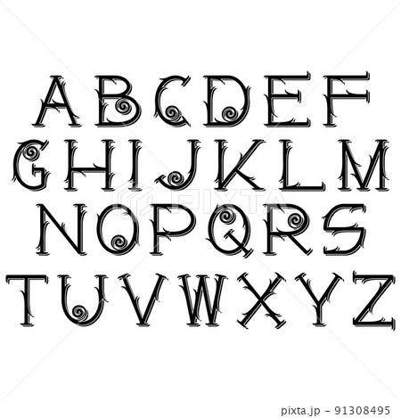 Decorative alphabet with notches and curls. Decorative alphabet with notches and curls. 91308495