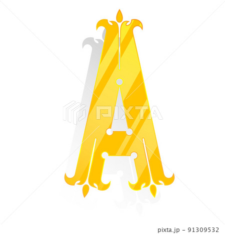 Uppercase decorative font.Golden letter with pale shadow isolated on white background. 91309532