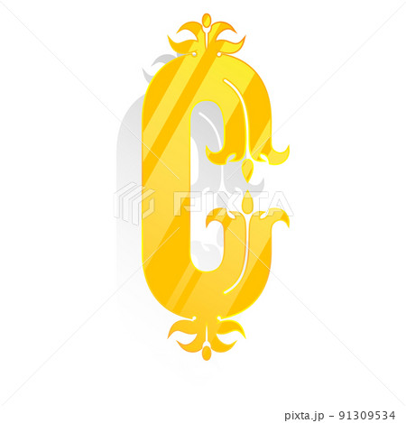 Uppercase decorative font.Golden letter with pale shadow isolated on white background. Uppercase decorative font.Golden letter with pale shadow isolated on white background. 91309534