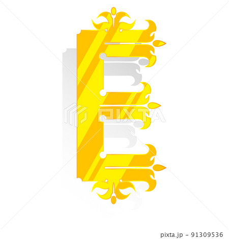 Uppercase decorative font.Golden letter with pale shadow isolated on white background. 91309536