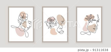 Boho women face vector. Surreal portrait, girl face with chrysanthemum, lily, rose flower 91311638