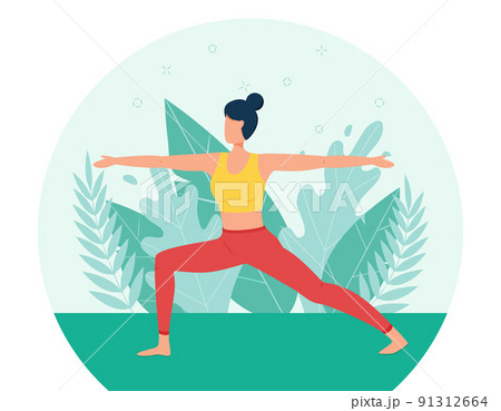 The girl does yoga in the fresh air. The concept of outdoor yoga.Yoga classes in nature. Flat style. Girl in the pose of a warrior. A female cartoon character on a background of foliage and plants The girl does yoga in the fresh air. The concept of outdoor yoga.Yoga classes in nature. Flat style. Girl in the pose of a warrior. A female cartoon character on a background of foliage and plants 91312664