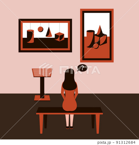 A girl sits back on a bench in a Museum, at an exhibition of modern art and looks at paintings with geometric shapes hanging on the wall. Monochrome brown color scheme. Vector illustration. Concept 91312684