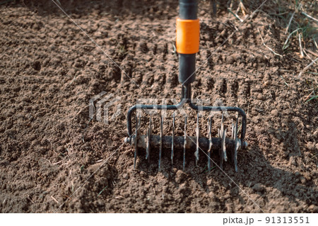 Close up of an new metal garden rake cleaning earth at spring time. Seasonal work 91313551
