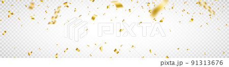 Confetti frame on long background. Falling shiny gold confetti. Anniversary celebration banner. Bright golden festive tinsel. Birthday party backdrop. Holiday design elements. Vector illustration 91313676