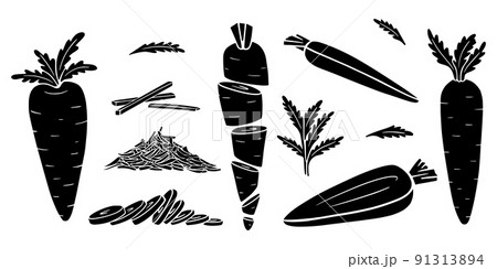 Carrot silhouettes in Doodle style. Collection of hand-drawn vegetables. A set of elements isolated on a white background. For food packaging design, Black and white vector illustration. 91313894