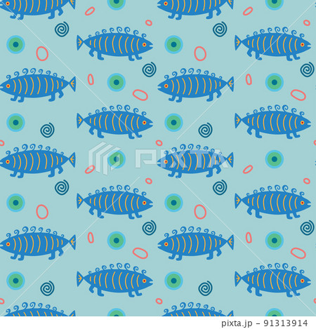 Fish seamless pattern. Cute fishes on turquoise background. 91313914