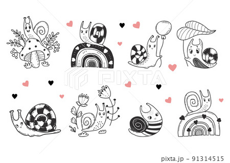 collection of cute snails with decorative flowers, on fly agaric mushroom and on rainbow, with balloon and cochlea sailor. Linear hand drawing. Vector illustration. Isolated elements for design, decor collection of cute snails with decorative flowers, on fly agaric mushroom and on rainbow, with balloon and cochlea sailor. Linear hand drawing. Vector illustration. Isolated elements for design, decor 91314515