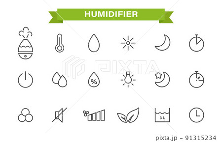 Icons set on the theme of the humidifier. linear style. humidifier, air humidity, timer, temperature, backlight,silent mode, night mode, capacity size. isolated on a white background.Vector Icons set on the theme of the humidifier. linear style. humidifier, air humidity, timer, temperature, backlight,silent mode, night mode, capacity size. isolated on a white background.Vector 91315234