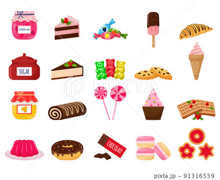 A set of sweets. Sweet pastries, cake, sweets, desserts. A collection of delicious, high-calorie food. Illustration in a cartoon flat style. Isolated on a white background. 91316559
